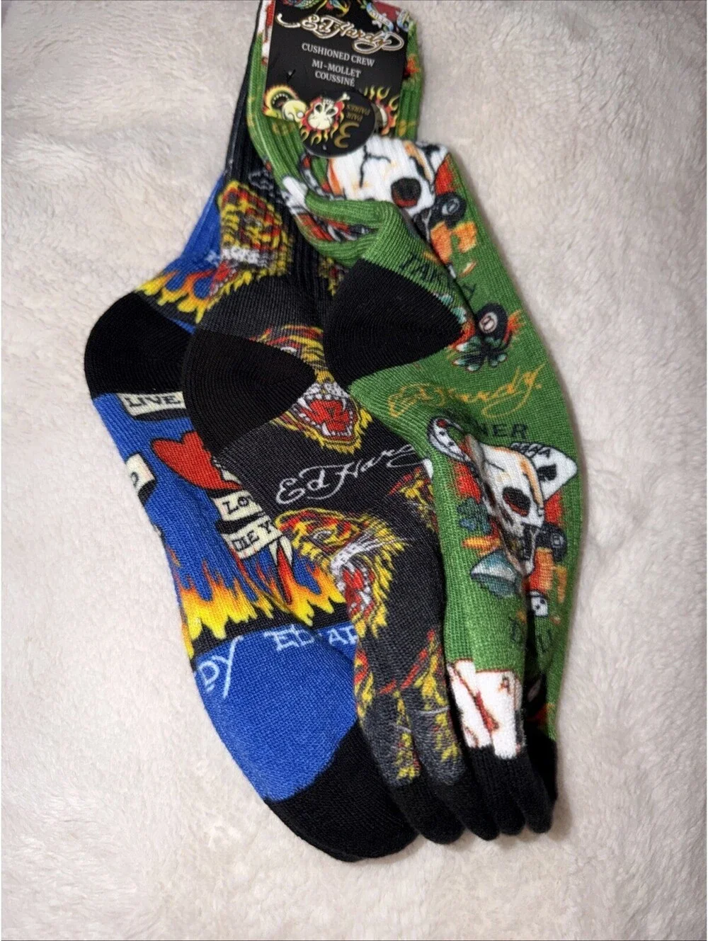 Ed Hardy Gambling Skull Mens 3 Pair Cushioned Crew Socks Green /Black/blue